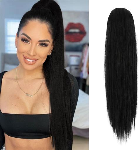 FESHFEN Long Striaght Drawstring Ponytail Extensions Natural Clip In