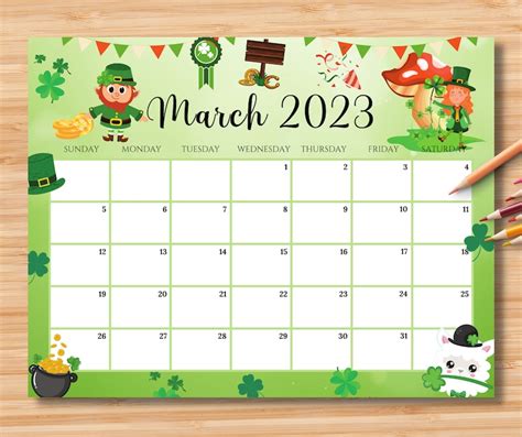 Editable March 2023 Calendar Happy Stpatricks Day Etsy Uk