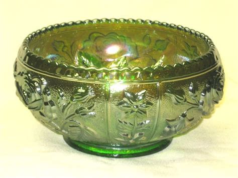 Imperial Open Rose Green Carnival Glass Center Piece Bowl