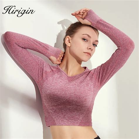 Women S Pink Seamless Long Sleeve Crop Top Yoga Shirts With Thumb Hole