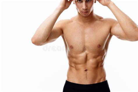 Nude Athlete With Pumped Muscles Bodybuilding Fitness And Hands Near