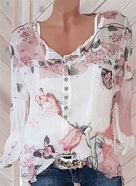 Floral V Neckline Long Sleeve Blouses Floryday