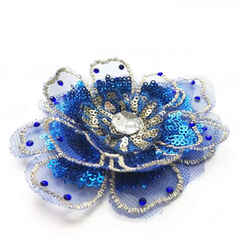 8cm Embroidery 3d Royal Blue Flower Head Sew On Patch Sequin Mesh Lace