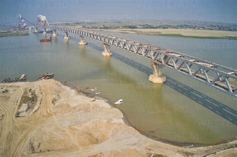 Aerial View Of A Building Site While Assembling The Padma Bridge The