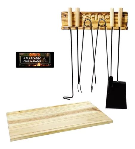 Kit Parrillero Con Estante Organizador Tabla Grande Asado