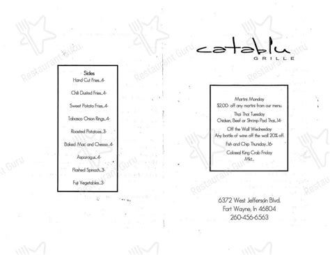 Menu at Catablu Grille restaurant, Fort Wayne, W Jefferson Blvd