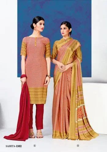 Printed Daily Wear Uniform Saree And Salwar Combo 6 3 M With Blouse