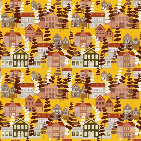 Abstract Houses And Trees Of Brown Colors On An Orange Background Stock