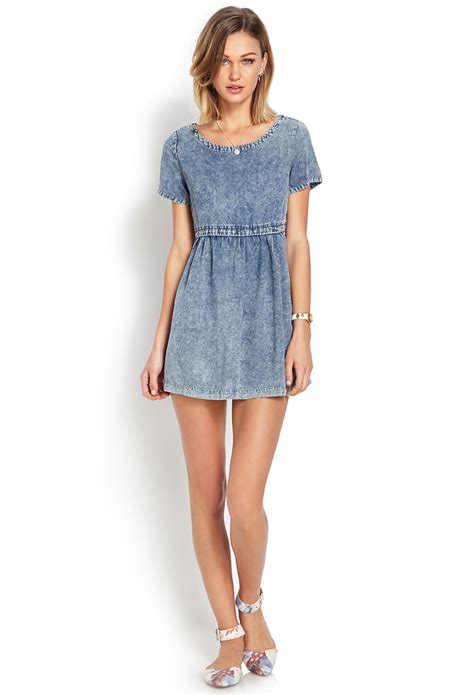 Lyst Forever 21 Distressed Denim Babydoll Dress In Blue