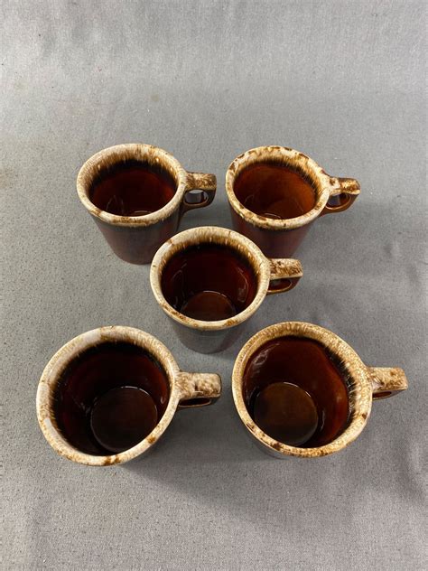 5 Vintage Hull Pottery Oven Proof Brown Drip Coffee Mugs Made In USA