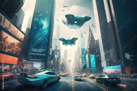 Futuristic New York City Cityscape With Flying Cars And Holographic