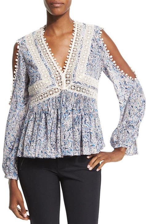 Rebecca Taylor Long Sleeve Paisley Cold Shoulder Top Bluepink