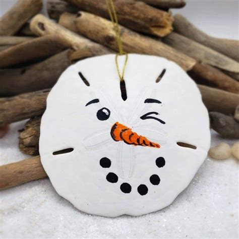 Hand Painted Winking Snowman Face Natural Florida Sand Dollar Or