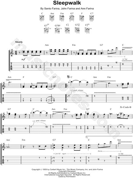 Santo And Johnny Sleepwalk Guitar Tab In C Major Download And Print