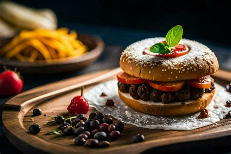 Un Hamburguesa Con Coberturas En Un De Madera Corte Tablero Generado