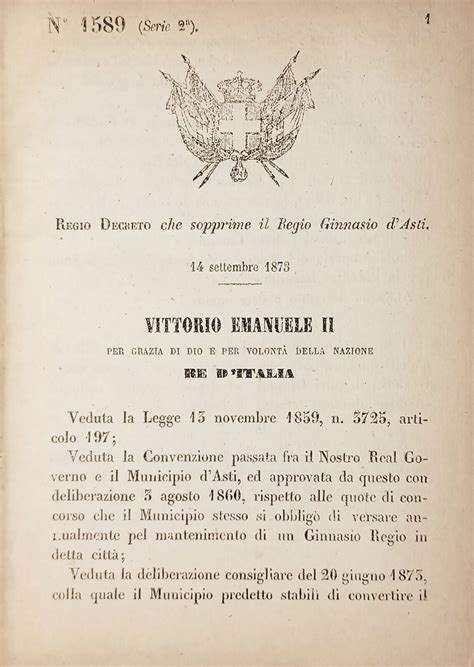 Decreto Regno Italia Sopprime Il Regio Ginnasio Dasti 1873 Ebay