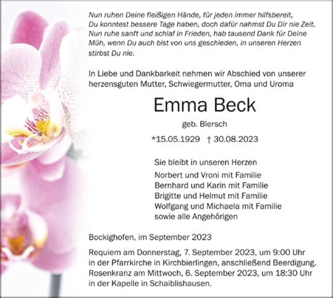 Traueranzeigen Von Emma Beck Schwaebische De Trauerportal