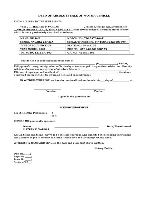 Deed Of Sale Of Motor Vehicle Pdf