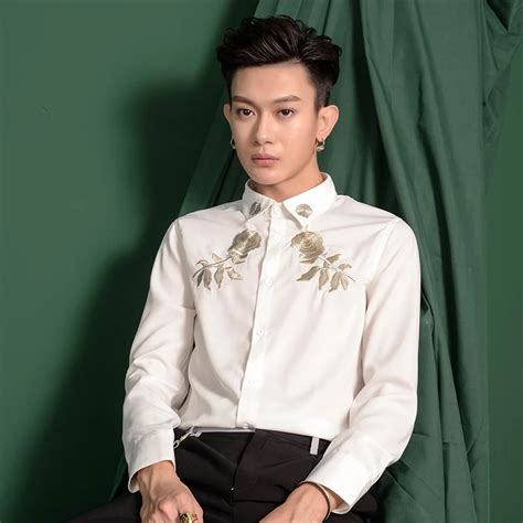 2019 New Spring Men S Shirt Fashion Golden Rose Embroidery White Shirt