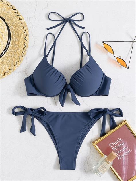 Shein Swim Basics Conjunto De Bikini Unicolor Sujetador Push Up Con