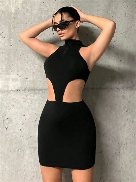 Black Sexy Collar Sleeveless Knitted Fabric Plain Bodycon Embellished