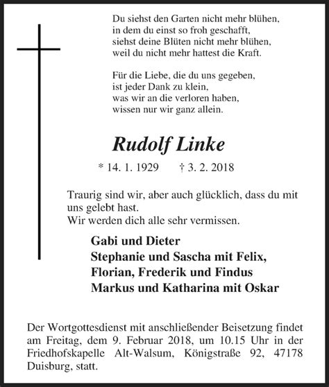 Traueranzeigen Von Rudolf Linke Trauer In Nrw De