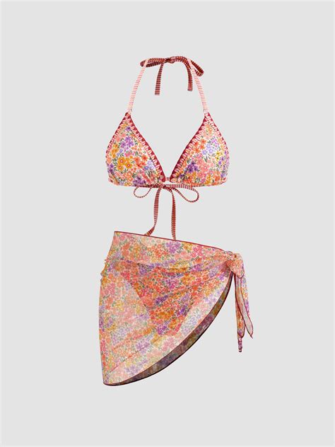 Jersey V Neck Halter Floral Tie Side Bikini Swimsuit With Sarong For Vacation