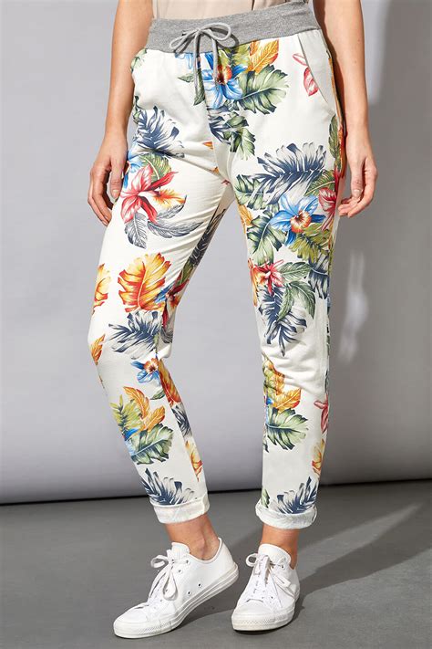 Floral Print Roll Hem Lounge Pants In Ivory Roman Originals Uk