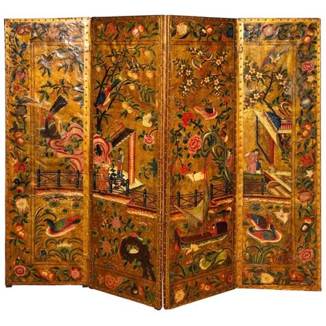 Four Panel Chinoiserie Polychrome Painted Gilt Leather Screen English