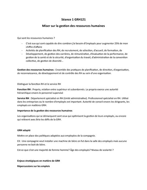 Séance 1 GRH121 Notes de cours 1 Séance 1 GRH Miser sur la gestion