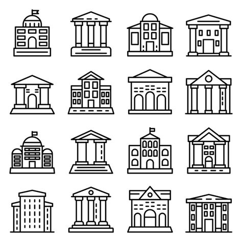 Courthouse Icons Set Outline Style Vector Art At Vecteezy