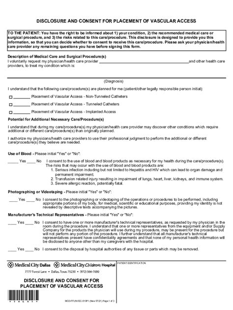 Fillable Online Disclosure And Consent For Placement Of Vascular Access