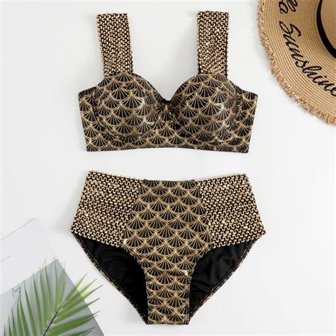 Woman Sexy Gilding High Waist Two Piece Bikini Swimsuit Size S As Show