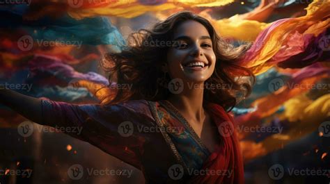 Lady Spinning In The Middle Of A Whirlwind Of Scarves During A