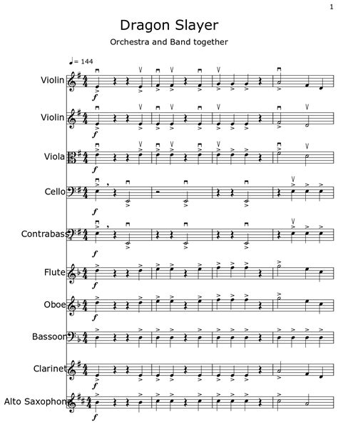 Dragon Slayer Sheet Music For Violin Viola Cello Contrabass Flute Oboe Bassoon Clarinet