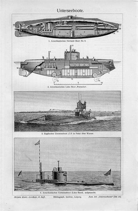 1900s American Submarine Usa England Antique Engraving Print