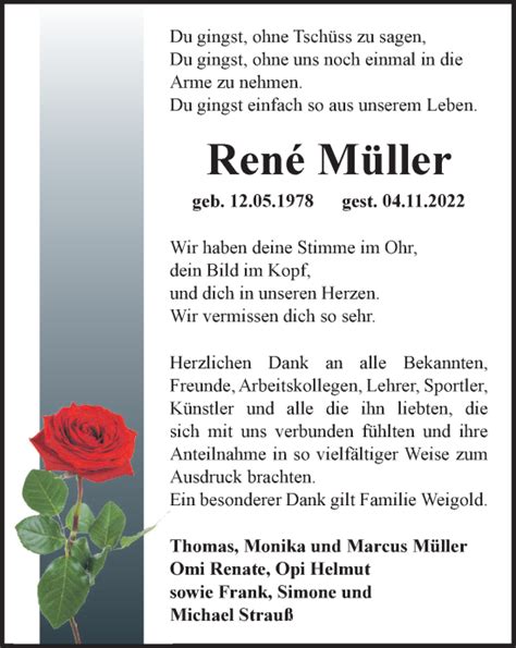 Traueranzeigen von Rene Müller trauer in thueringen de