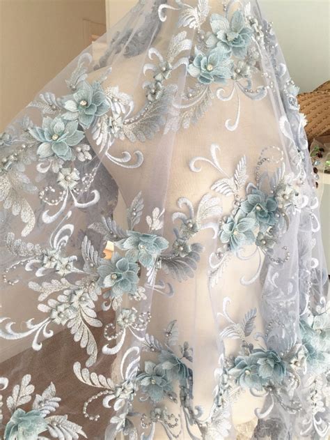 Lux 3D Pearl Beaded Blossom Floral Embroidery Lace Fabric In Smoke Blue