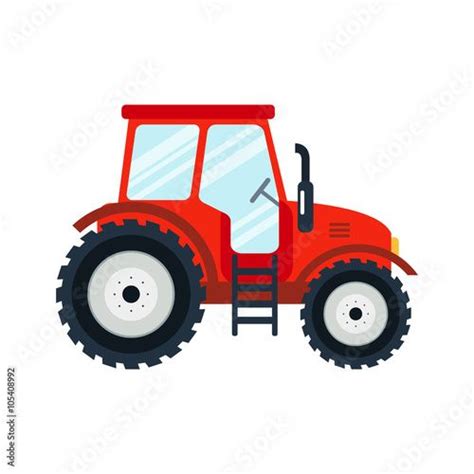 Flat Tractor On White Background Red Tractor Icon Vector