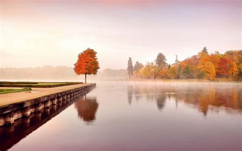 Lake Nature Sunset Mountain Fall Pier Forest Mist Water Reflection Sky