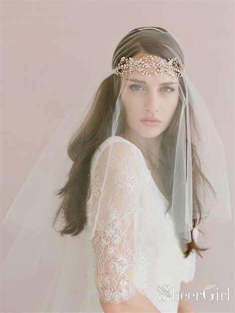 Traditional Drop Veil Blusher Wedding Veil With Crystal Headpiece