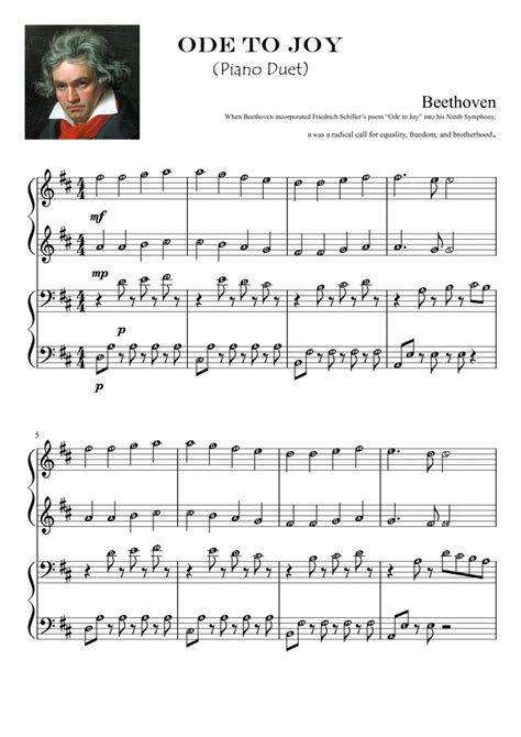 Ode To Joy Beethoven Piano Duet Early Intermediate Grade Arr