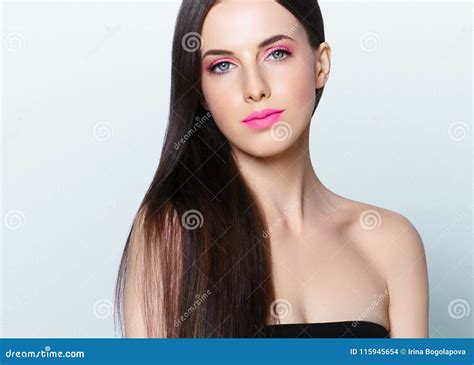Beautiful Brunette With Long Hair And Pink Lipstick And Manicure Stock Photo Image Of
