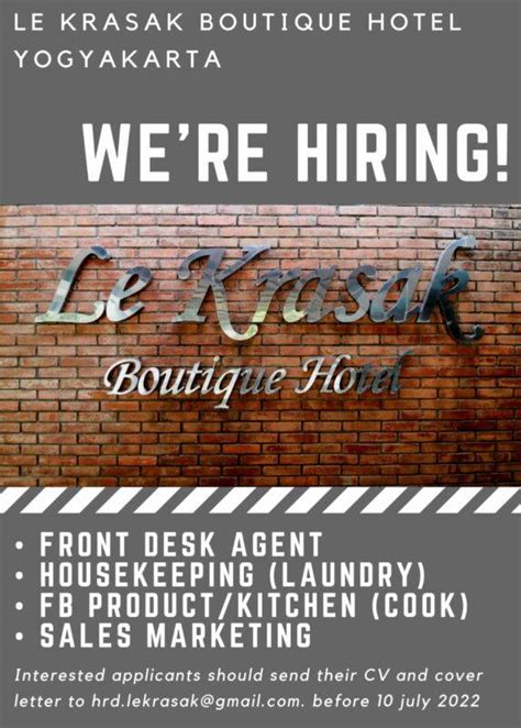 Lowongan Kerja Front Desk Agent Housekeeping Laundry FB Product