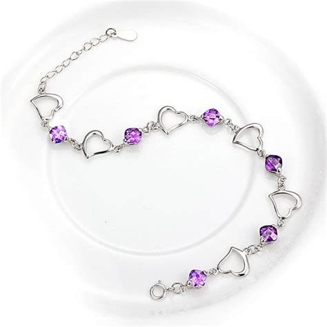 925 Sterling Silver Bracelet Heart Purple Crystal Bracelet For Woman