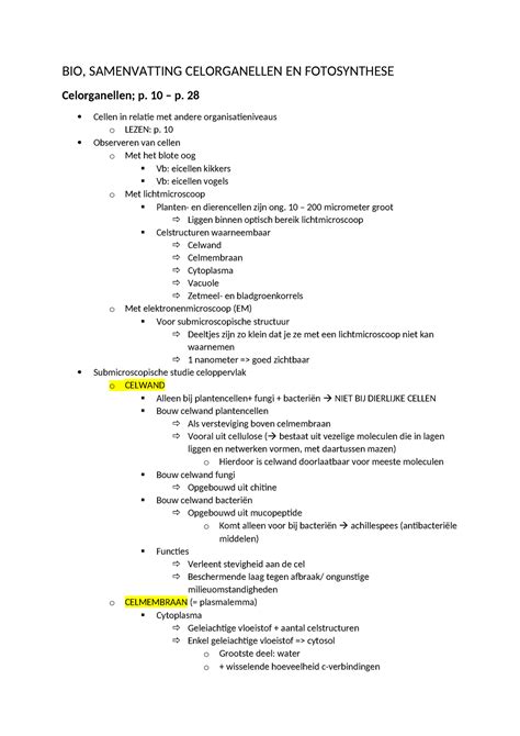 Bio Celorganellen Samenvatting Biologie Bio Samenvatting