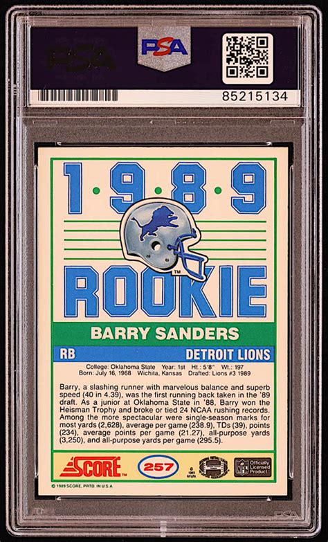 Barry Sanders Signed 1989 Score 257 RC PSA Auto 10 Pristine Auction