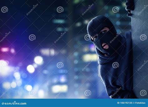 Masked Thief Hiding On The Wall Stock Image Image Of Disguise Masked