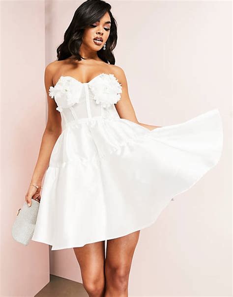 Asos Luxe Bandeau 3d Flower Tiered Mini Skater Dress In White Asos