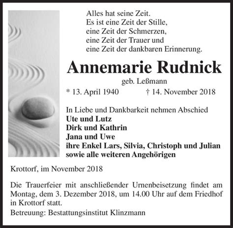 Traueranzeigen von Annemarie Rudnick geb Leßmann abschied